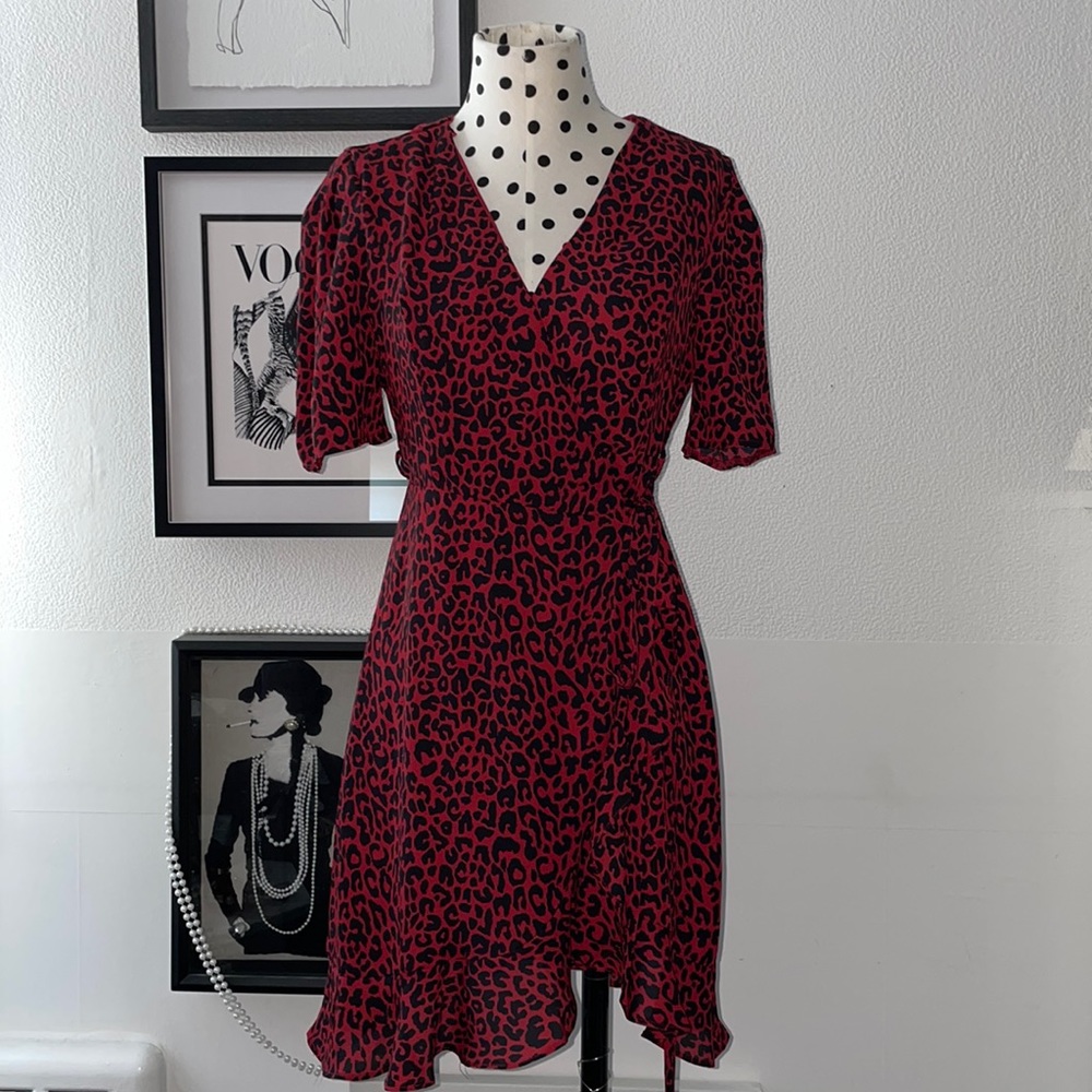 BLUE RAIN Leopard Dark Red Wrap Dress